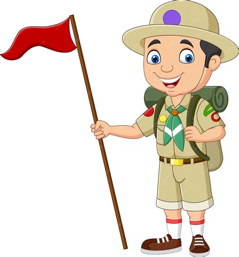 Boy Scout De Dibujos Animados Con Bandera Roja Vector Premium