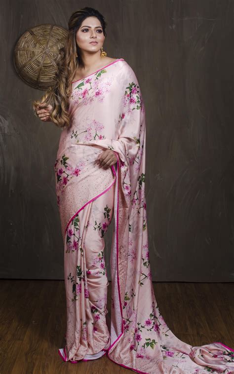 Floral Printed Satin Silk Saree In Baby Pink Satin Saree Saree
