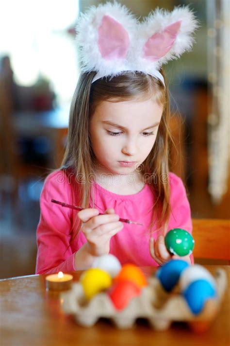 Adorable Little Girl Painting Colorful Easter Eggs Stock Image Image