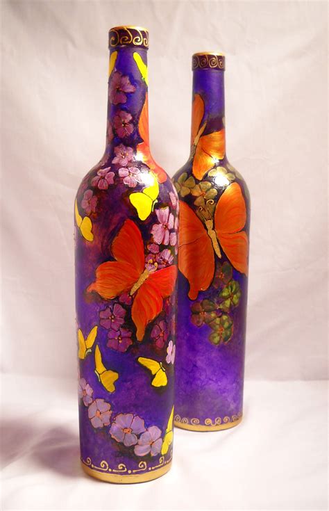 What is the best paint for glass jars? Amethyst Bottle Art Glass Vase Painted Pair with Butterflies