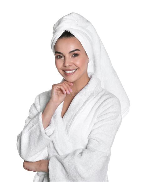 Beautiful Young Woman Wearing Bathrobe And Towel On Head Against White Background Stock Image