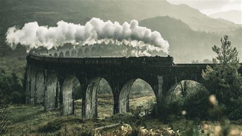 Train Railway Bridge Mountains Smoke Glenfinnan Viaduct