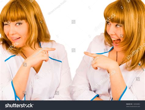 Two Girls Nurse Overalls Point Finger Stock Photo Shutterstock
