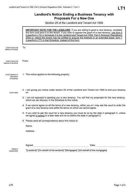 Section 25 Notice Form 1 Lform Lt1 Landlord And Tenant Act 1954