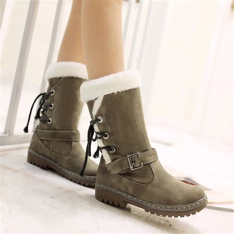 winter women snow boots warm plush shoes cross tied mid calf flat platform boots female buckle