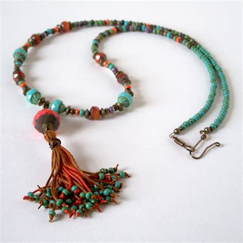 Boho Beaded Tassel Necklace Long Boho Tassel Necklace Turquoise Coral