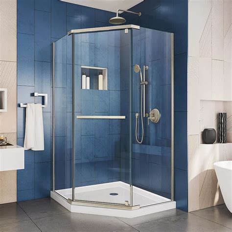 dreamline prism 34 1 8 inch x 72 inch semi frameless corner pivot shower enclosure in brus