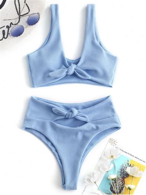 36 Off 2021 Zaful Ribbed Tied High Leg Bikini Set In Day Sky Blue