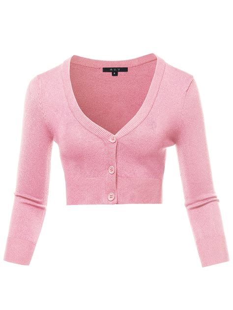A2y Women S Solid Cropped Bolero 3 4 Sleeve Button Down V Neck Cardigan Sweater Light Pink 2xl