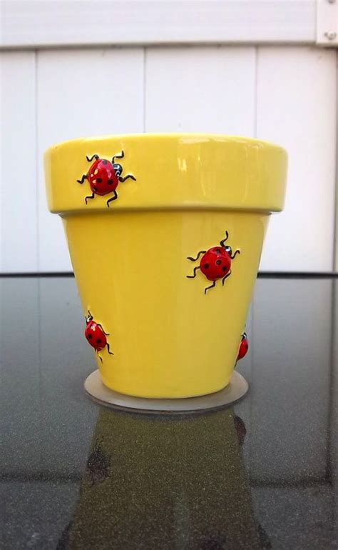 Bright Yellow Raised Relief Ladybugs Pot Etsy Clay Flower Pots