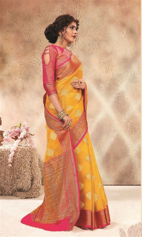 Yellow Banarasi Kora Silk Jacquard Work Traditional Saree Sangam