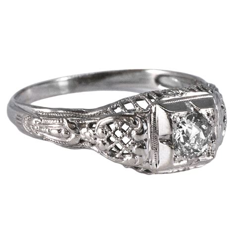 Art Deco 14ct White Gold Diamond Filigree Ring Antique And Vintage