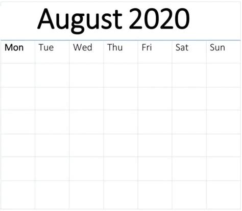 August 2020 Blank Calendar Free Printable Pages August 2020 Calendar