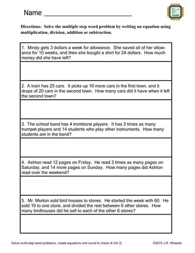 Write Equations To Solve Word Problems Worksheet 4oa3 Teaching
