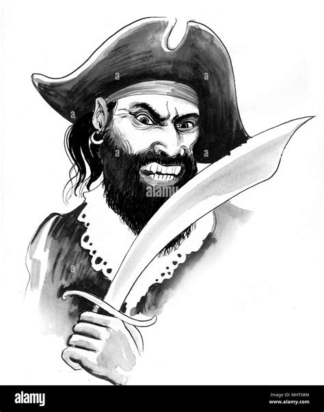Pirate With A Sable Ink Black And White Illustration Stock Photo Alamy