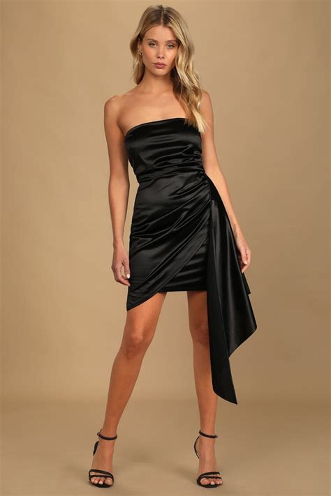 Black Satin Dress Strapless Mini Dress Asymmetrical Dress Lulus