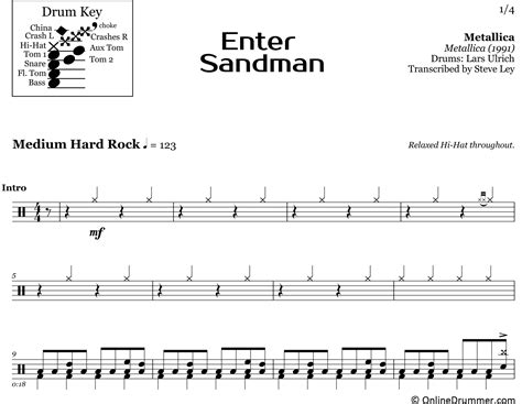 It seems that most sites are dedicated to guitar, bass or if you're new to sheet music, click here for a lesson on how to read drum music which is just one of the great resources available to you in my free drum lessons (see more at the bottom of this page). Enter Sandman - Metallica - Drum Sheet Music | OnlineDrummer.com
