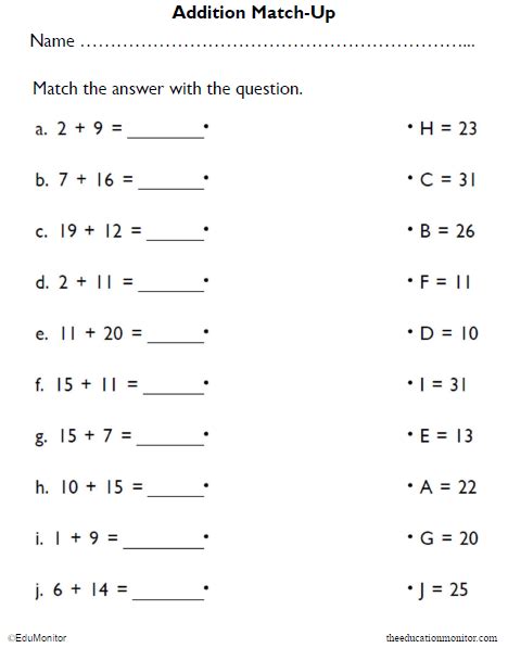 3rd Grade Addition Matching Math Worksheets Edumonitor