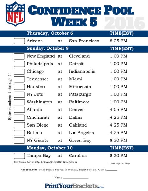 Nfl Week 5 Schedule Printable Customize And Print