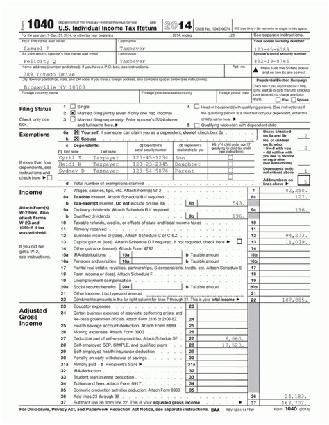 Sample Of A 2014 Us Individual Income Tax Return Form 1040 R