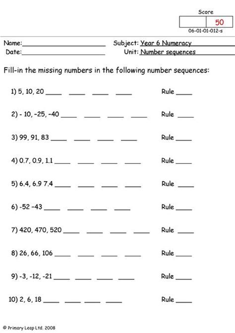 Numeracy Number Sequences Worksheet Uk