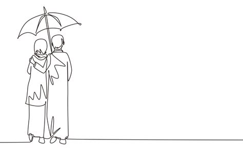 Continuous One Line Drawing Back View Lovers Couple In Rain Arabic Couple In Love Walking Under