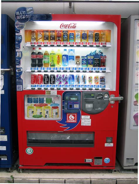 Waterproof steel cabinet, front door open design. File:Coca-Cola Japan Company soft drink vending machine ...