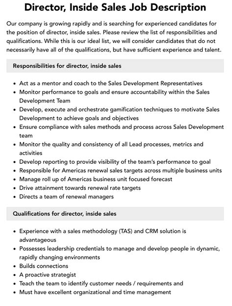 Director Inside Sales Job Description Velvet Jobs
