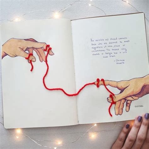 The concept is that two people who are destined to be together are attached by an invisible red string bound from a male's thumb to a female's pinky finger. The Red Thread of Fate | Art Amino