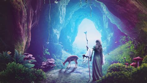Heaven Cave Girl Deer Fantasy Art Hd Artist 4k Wallpapers Images Backgrounds Photos And