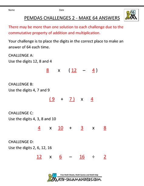 Pemdas Rule Worksheets 6th Grade Math Websites