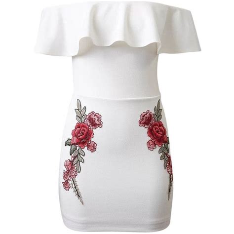 White Off Shoulder Ruffle Embroidery Floral Patch Bodycon Dress 38 Liked On Polyvore