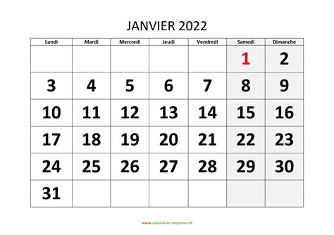 Calendrier Janvier 2022 à imprimer