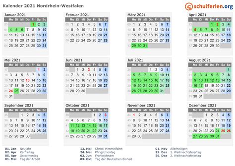 Jedes jahr zwischen 1800 und 2400 kann separat dargestellt werden. Kalender 2021 + Ferien Nordrhein-Westfalen, Feiertage