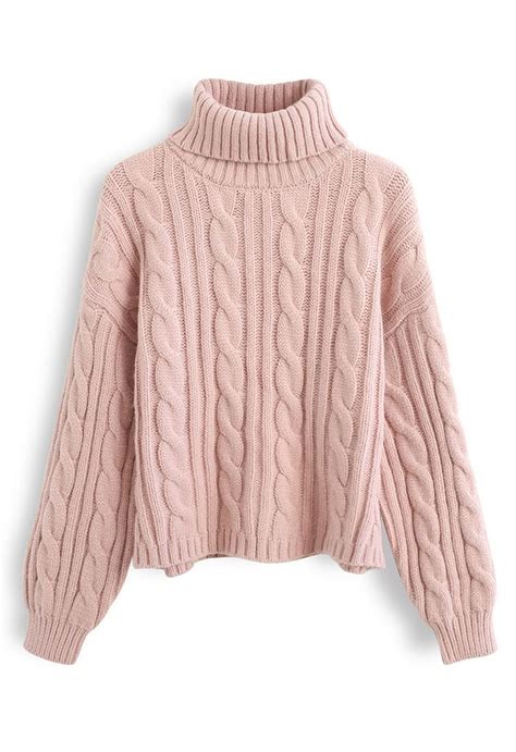 Turtleneck Cable Knit Crop Sweater In Pink Retro Indie And Unique