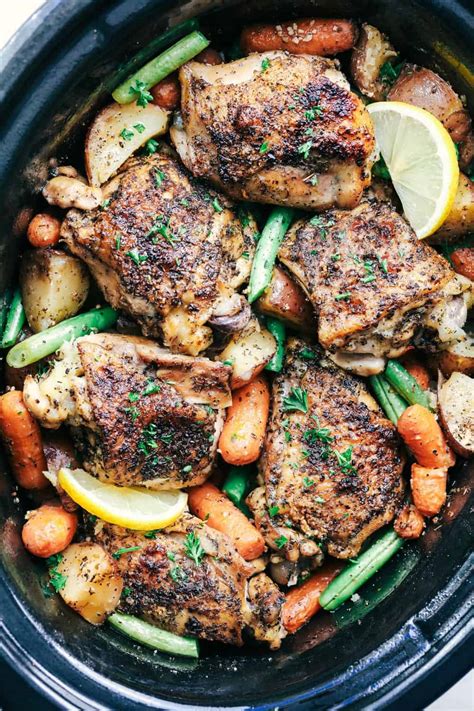 It can do everything from make delicious stews to defrost meats in no time. Slow Cooker Lemon Garlic Chicken Thighs and Veggies | The ...