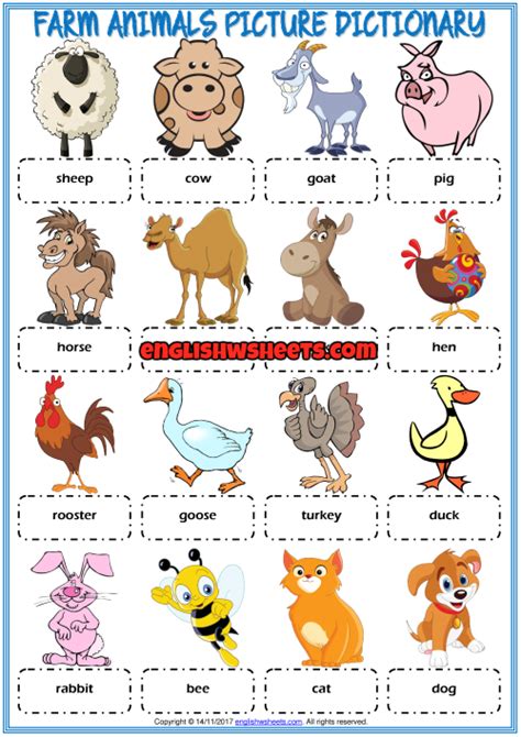 Farm Animals Picture Dictionary Esl Worksheet For Kids Farm Animals