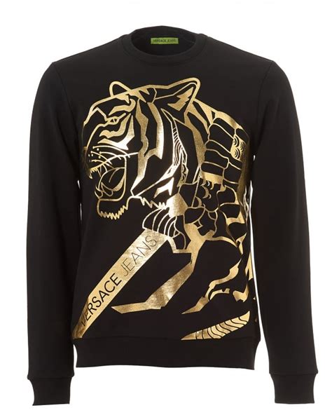 Versace Jeans Mens Black Sweater Gold Tiger Foil Print Jumper