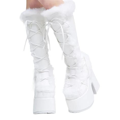 White Furry Chunky Heel Boots Platform Boots Chunky Heels Boots Boots