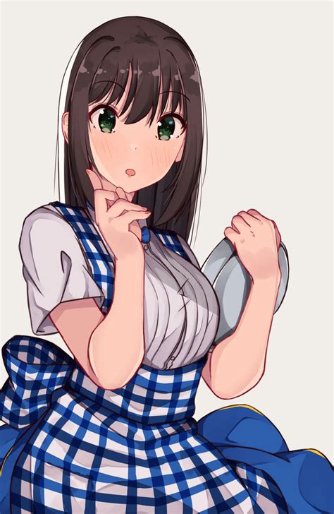 Safebooru 1girl O Absurdres Apron Bangs Blue Skirt Blush Breasts Brown Hair Commentary