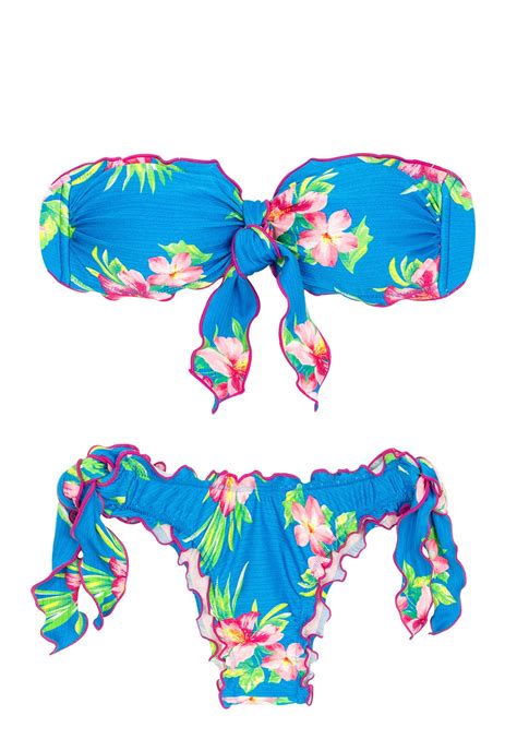 side tie floral blue scrunch bikini with a bandeau top hookeri bandeau rio de sol