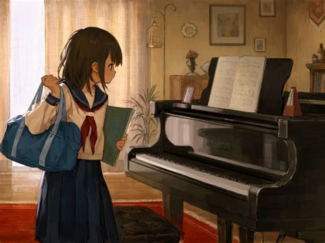 Wallpaper Piano Instrument Short Hair Anime School Girl Resolution