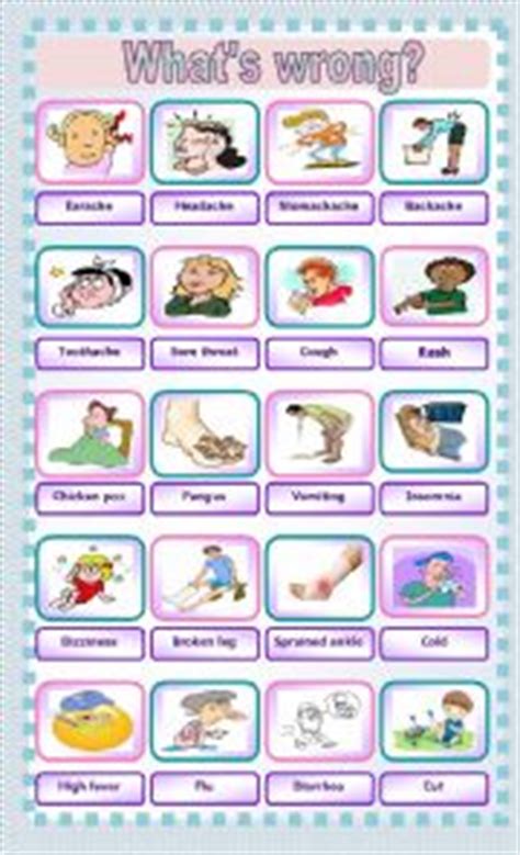 Vocabulary for common health problems, illnesses and symptoms is more easily understood and explained with the aid of images. Illness & injuries - ESL worksheet by saifonduan