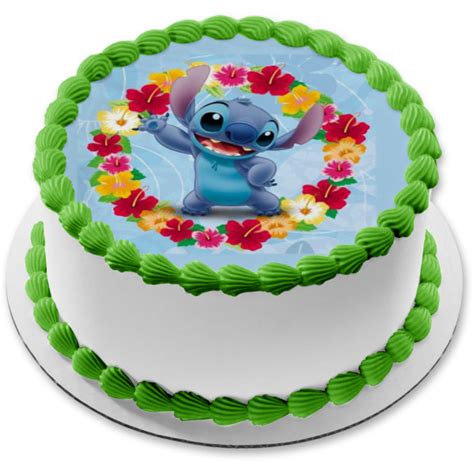 Lilo And Stitch Flowers Stitch Blue Background Disney Edible Cake Topp