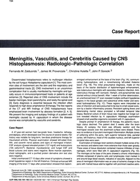 Meningitis Vasculitis And Cerebritis Caused By Cns Histoplasmosis