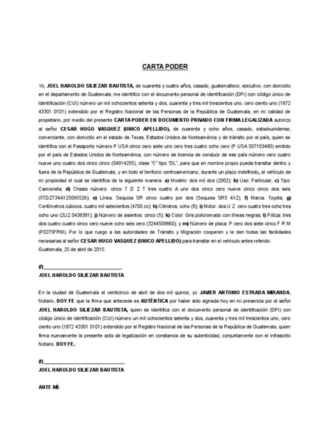 Carta Poder Autorización Vehículo Guatemala Vehículos
