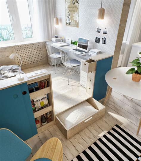 책장과 바닥의 높이차 Step up Flooring 를 이용한 공간 분할의 러시아 스튜디오 원룸 홈 라이프 미디어 PHM ZINE