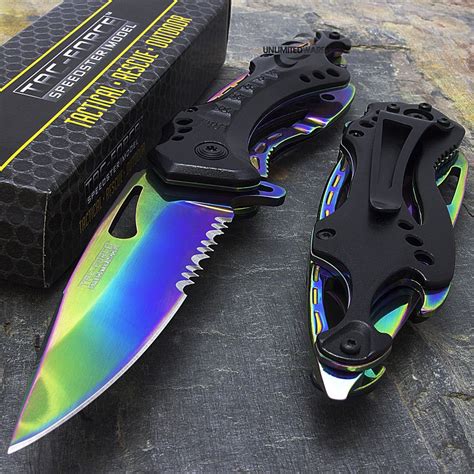 8 Tac Force Rainbow Spring Assisted Tactical Folding Knife Blade Open