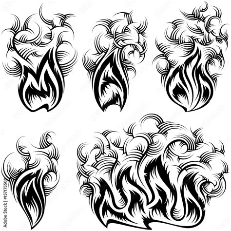 Fire With Spurts Of Flame With Swirled Smoke Vector Set Of Monochrome
