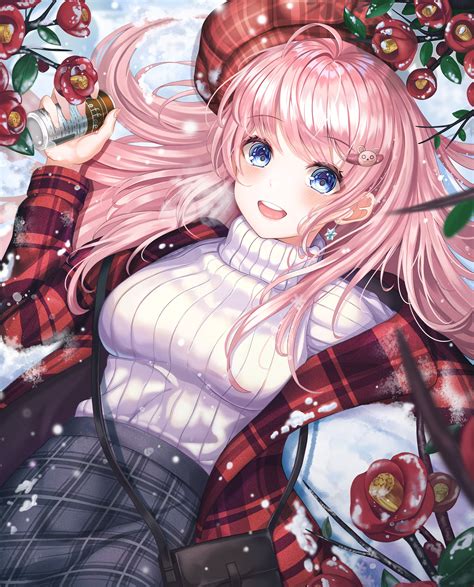 Download 3235x4009 Anime Girl Pink Hair Sweater Smiling Blue Eyes Lying Down Wallpapers